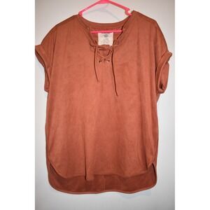 Cupio Short Sleeve Shirt, Faux Suede, Burnt Orange, Size XL